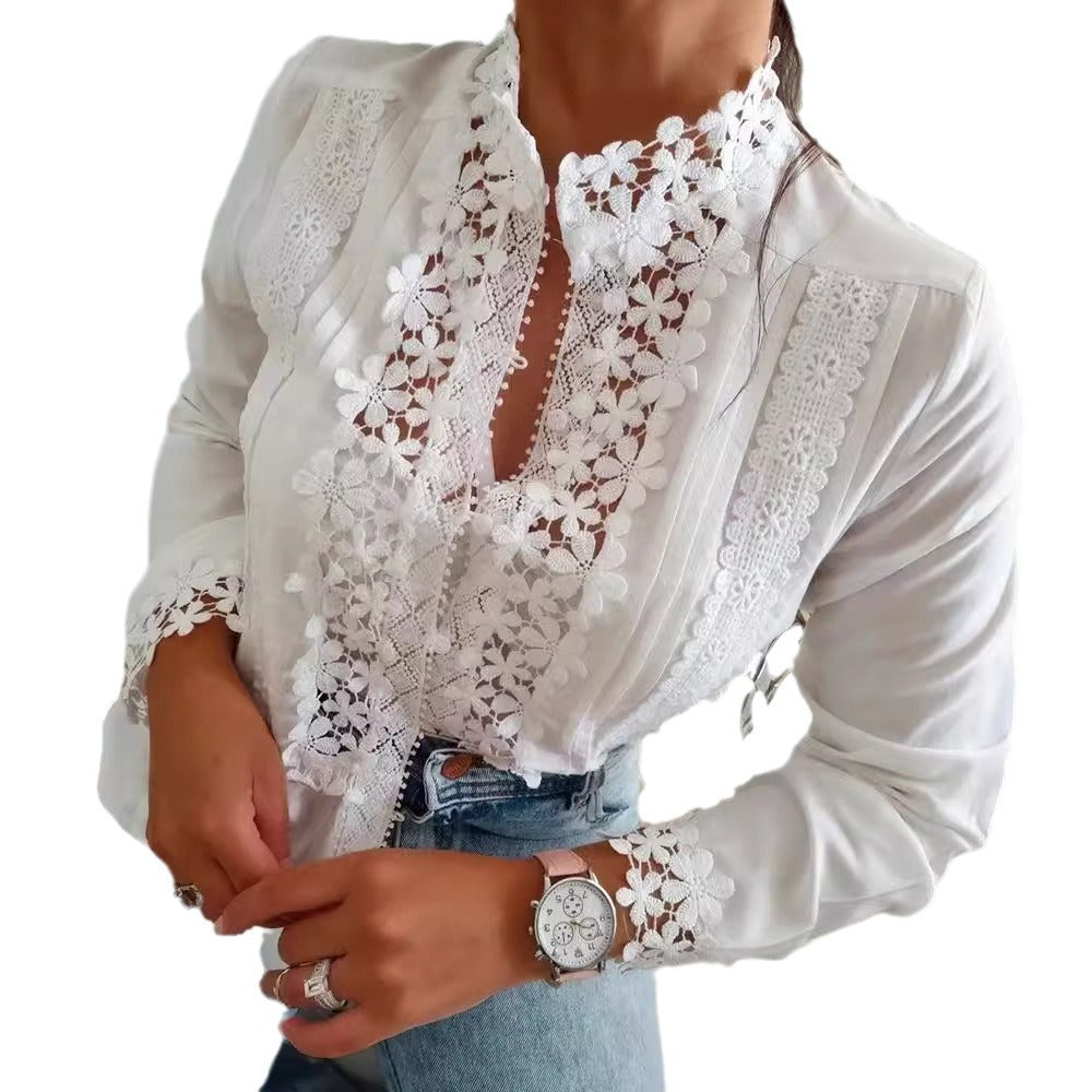 Women's White Lace Floral Long Sleeve Shirt