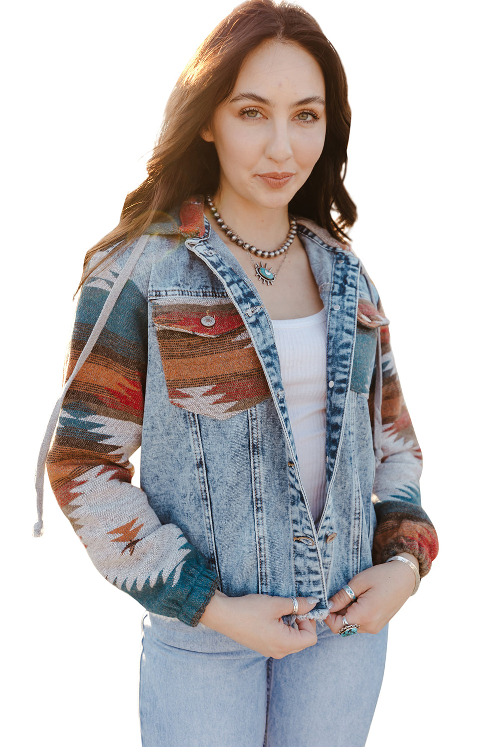 Multicolor Aztec Print Frayed Hem Denim Jacket