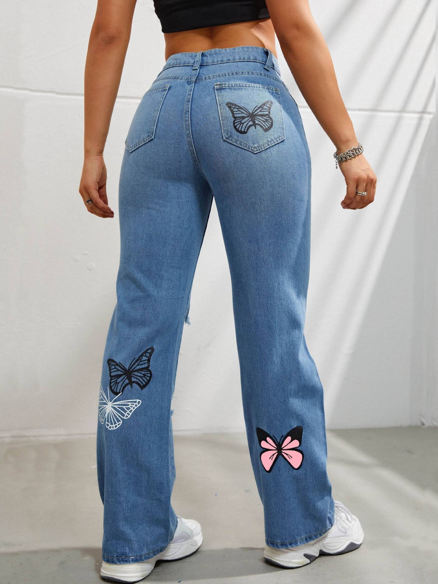 High Waisted Straight Leg Jeans For Women Butterfly Print Ripped Distressed Denim