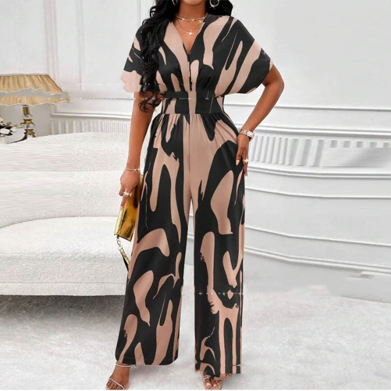 V-Neck Loose Printed Long Jumpsuit