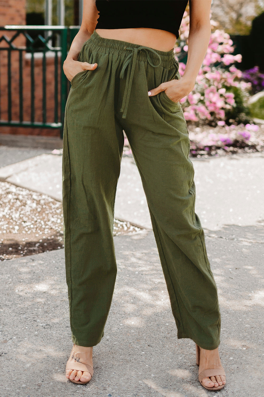 Green Drawstring Elastic Waist Pockets Long Straight Legs Pants