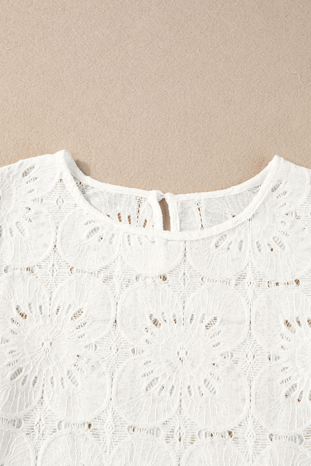 White Flower Eyelet Jacquard Keyhole Flounce Sleeve Top