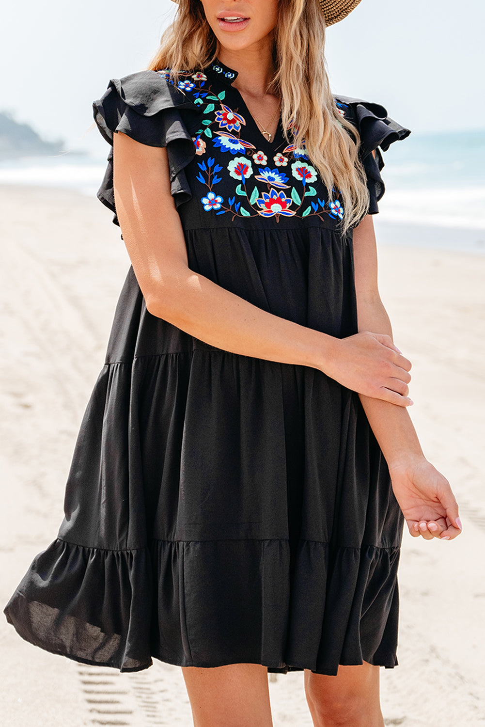 Black Floral Embroidered Tiered Ruffled Mini Dress