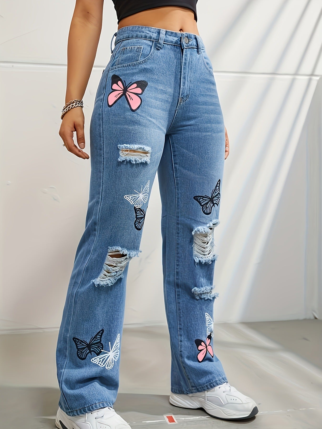 High Waisted Straight Leg Jeans For Women Butterfly Print Ripped Distressed Denim