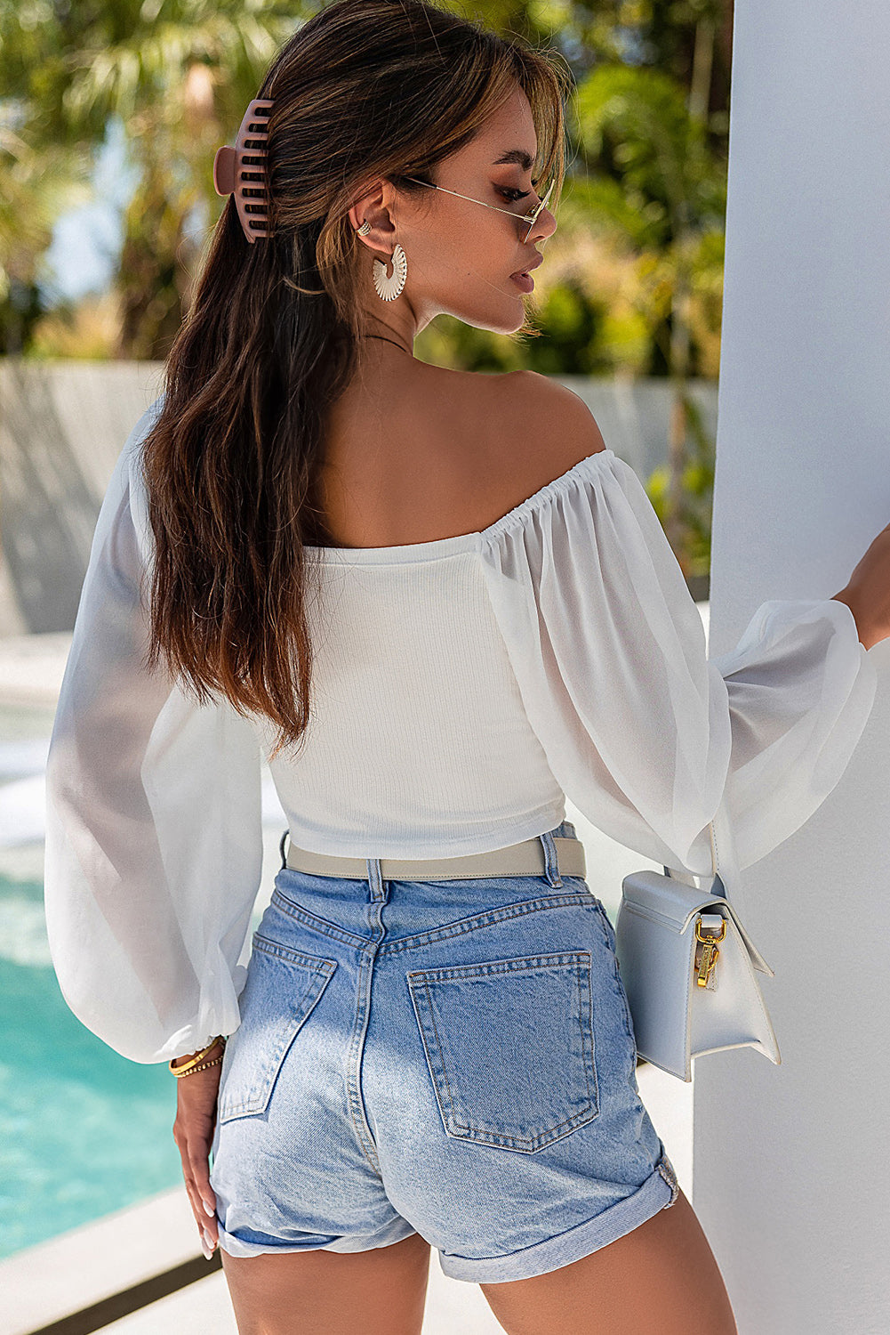 Women's Top White Drawstring Front Sheer Puff Sleeve Crop Top