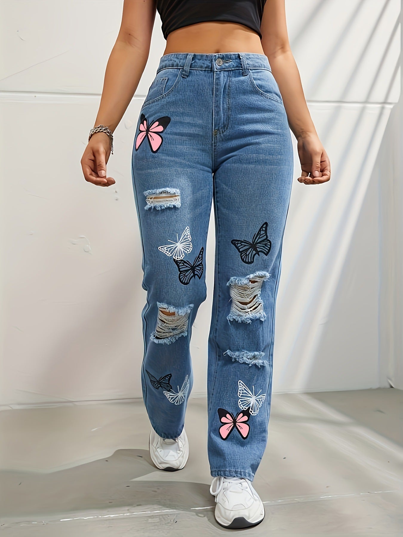 High Waisted Straight Leg Jeans For Women Butterfly Print Ripped Distressed Denim