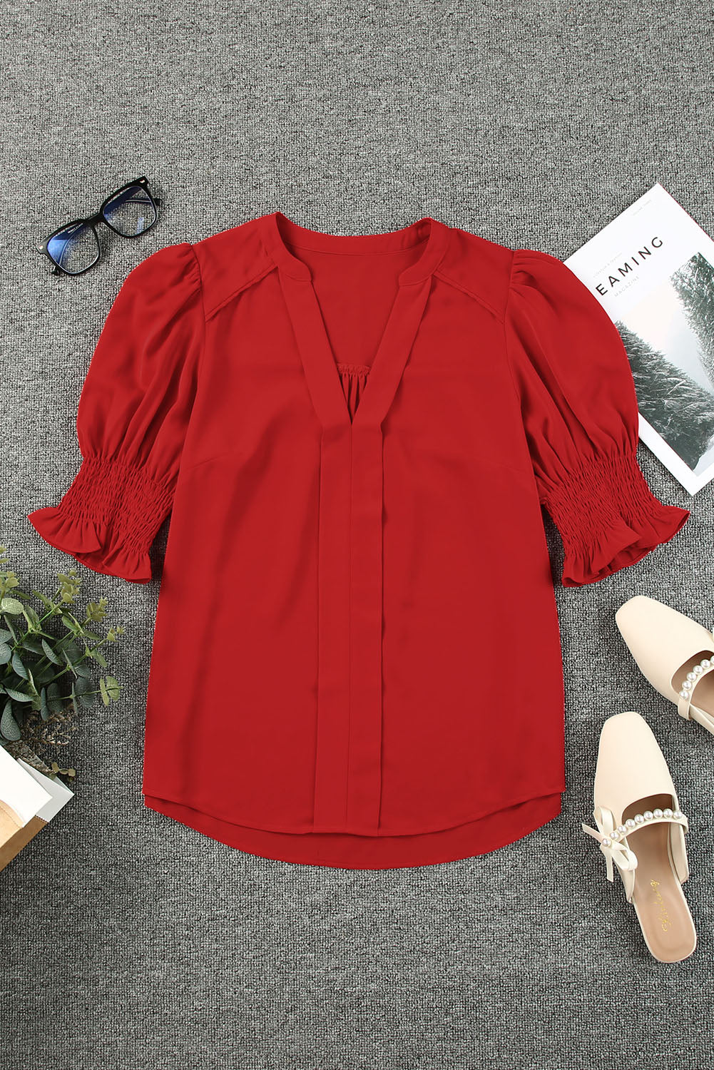 Fiery Red Solid Color Half Sleeve V Neck Blouse