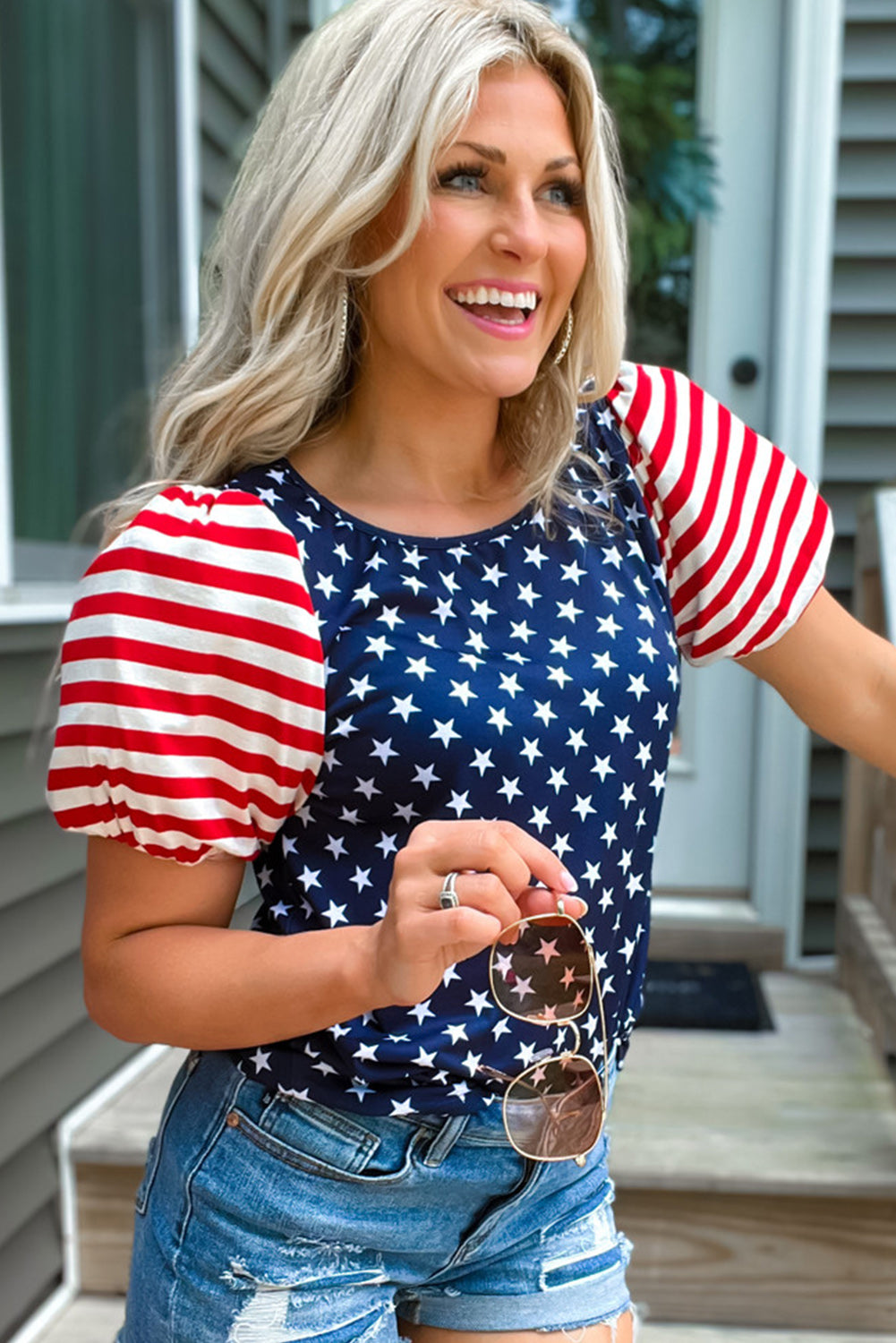 Navy Blue Stars Stripes Puff Sleeve T Shirt