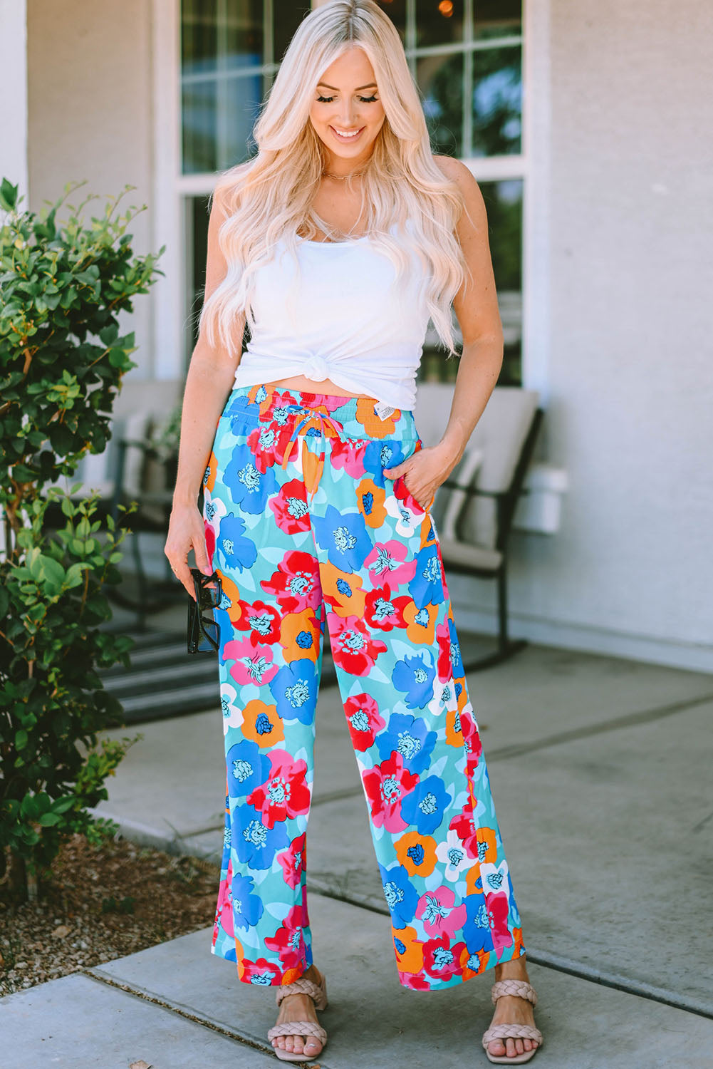 Multicolor Abstract Floral Print Drawstring Wide Waistband Pants