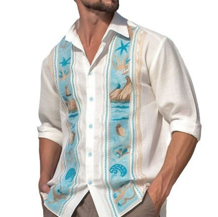 Fashion Print Long Sleeve Shirt Men Casual Loose Button Shirt