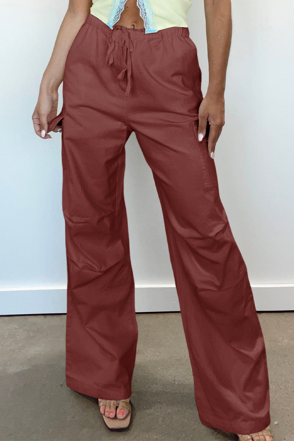 Mineral Red Solid Color Drawstring Waist Wide Leg Cargo Pants