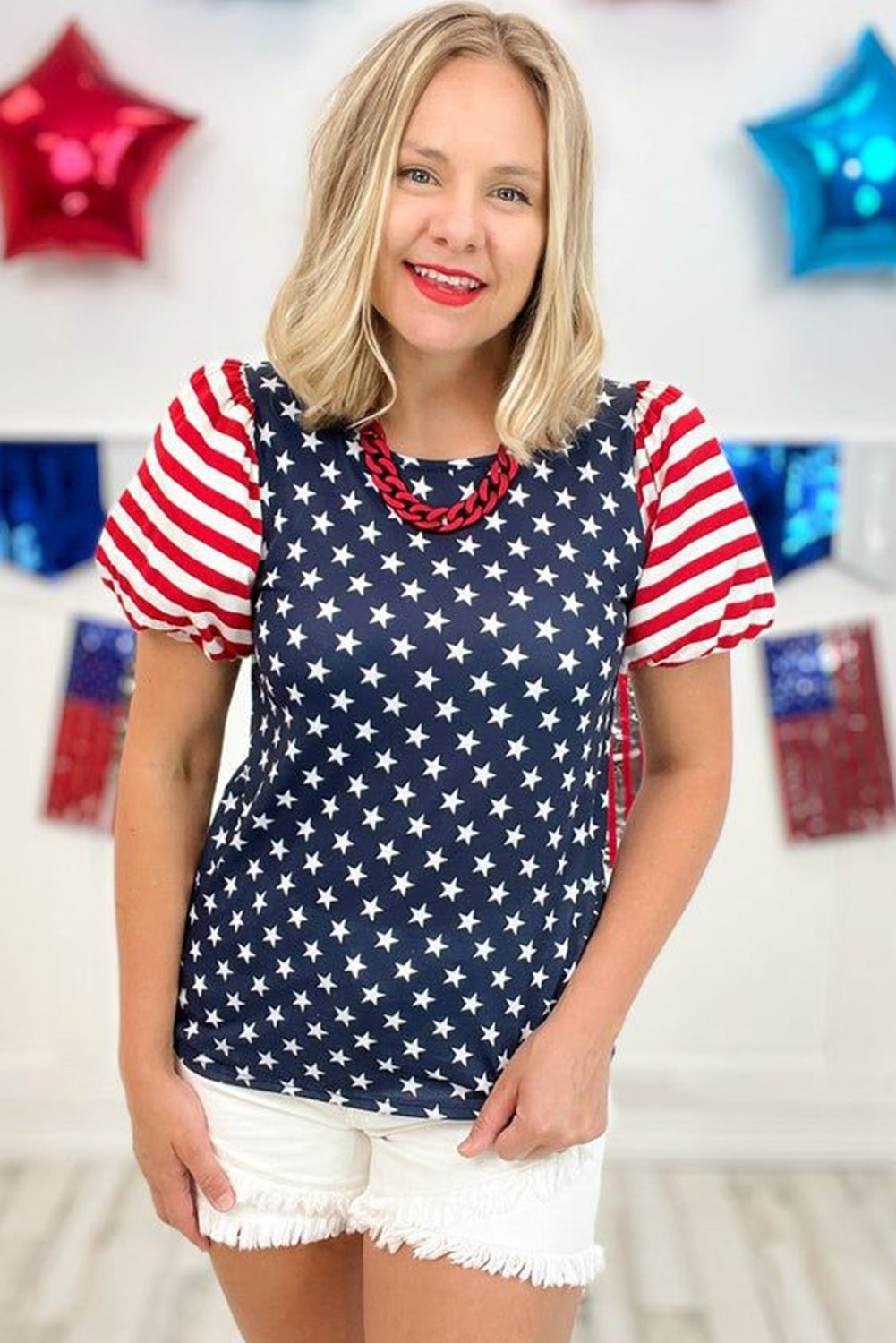 Navy Blue Stars Stripes Puff Sleeve T Shirt