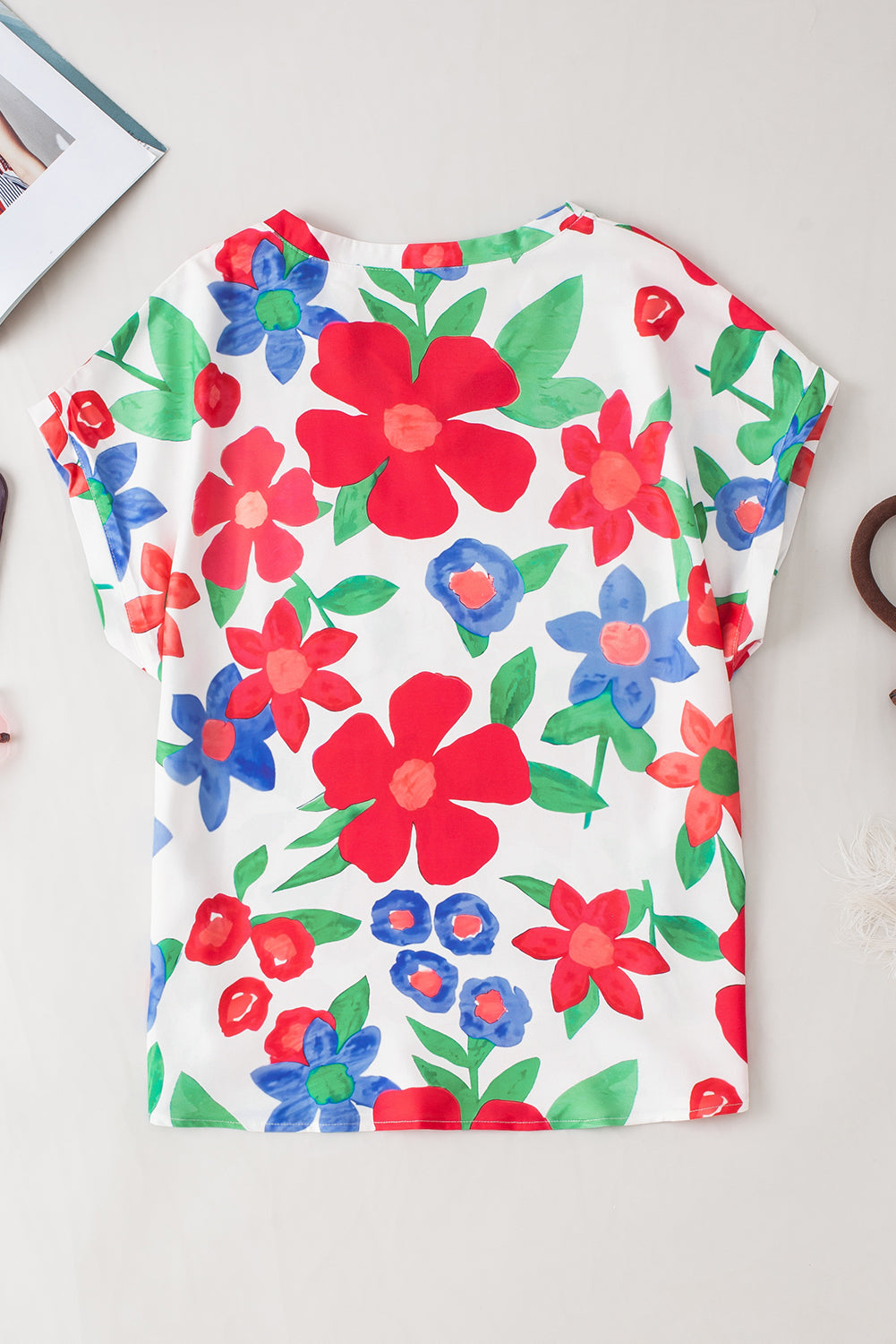 Flower Print Chest Pocket V Neck Blouse