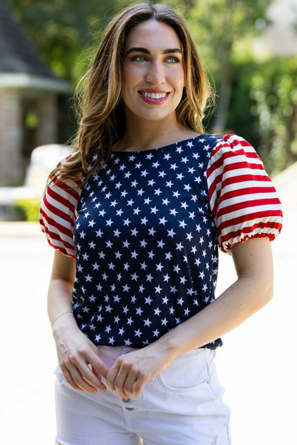 Navy Blue Stars Stripes Puff Sleeve T Shirt