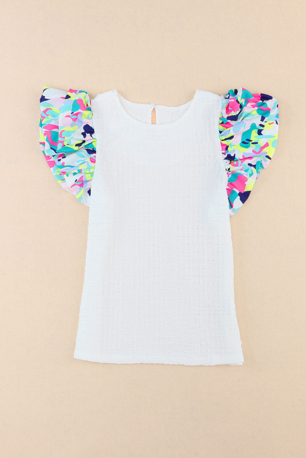 White Voluminous Printed Puff Sleeve Textured Top