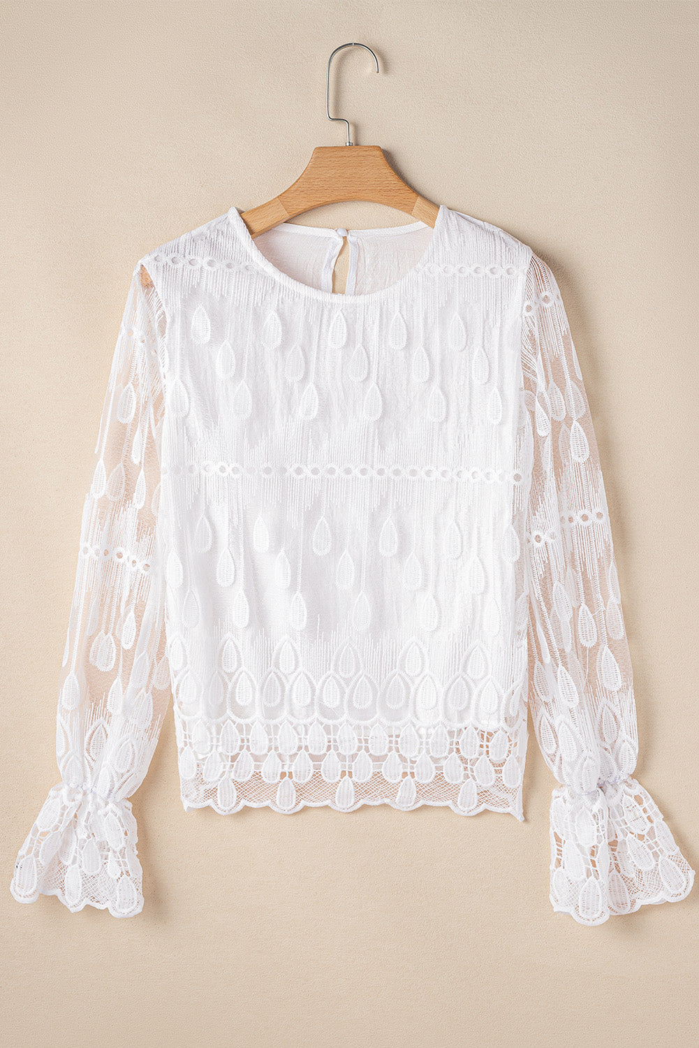 Beige Embroidered Mesh Flounce Sleeve Blouse