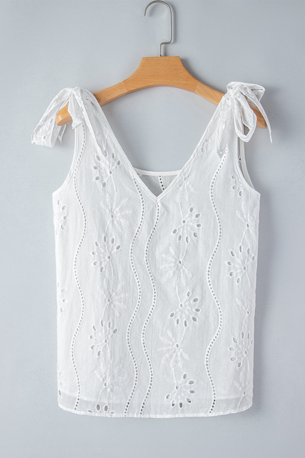 Women's Top White Embroidery Patterned Knotted Straps V Neck Tank Top