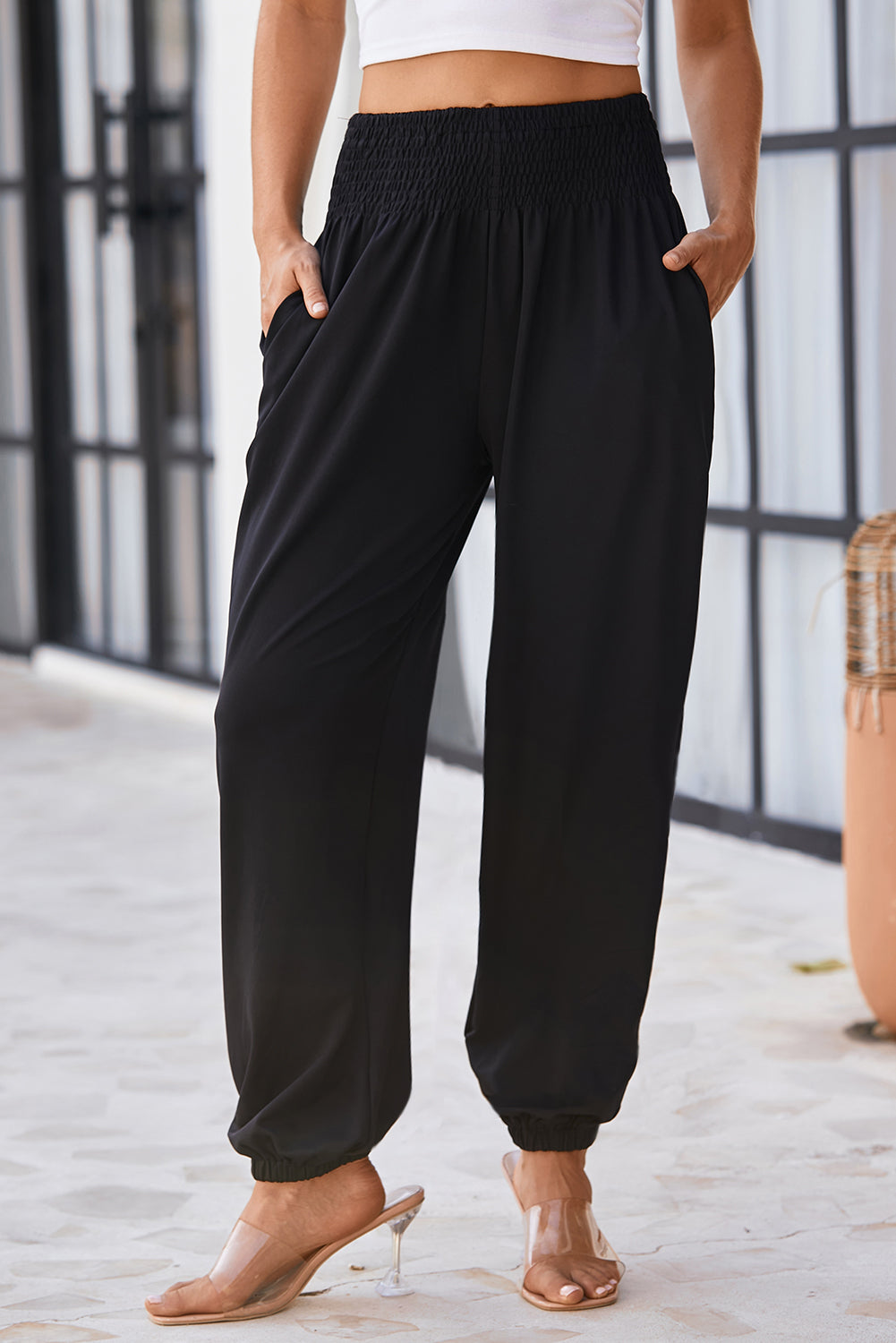 Black Smocked High Waist Joggers