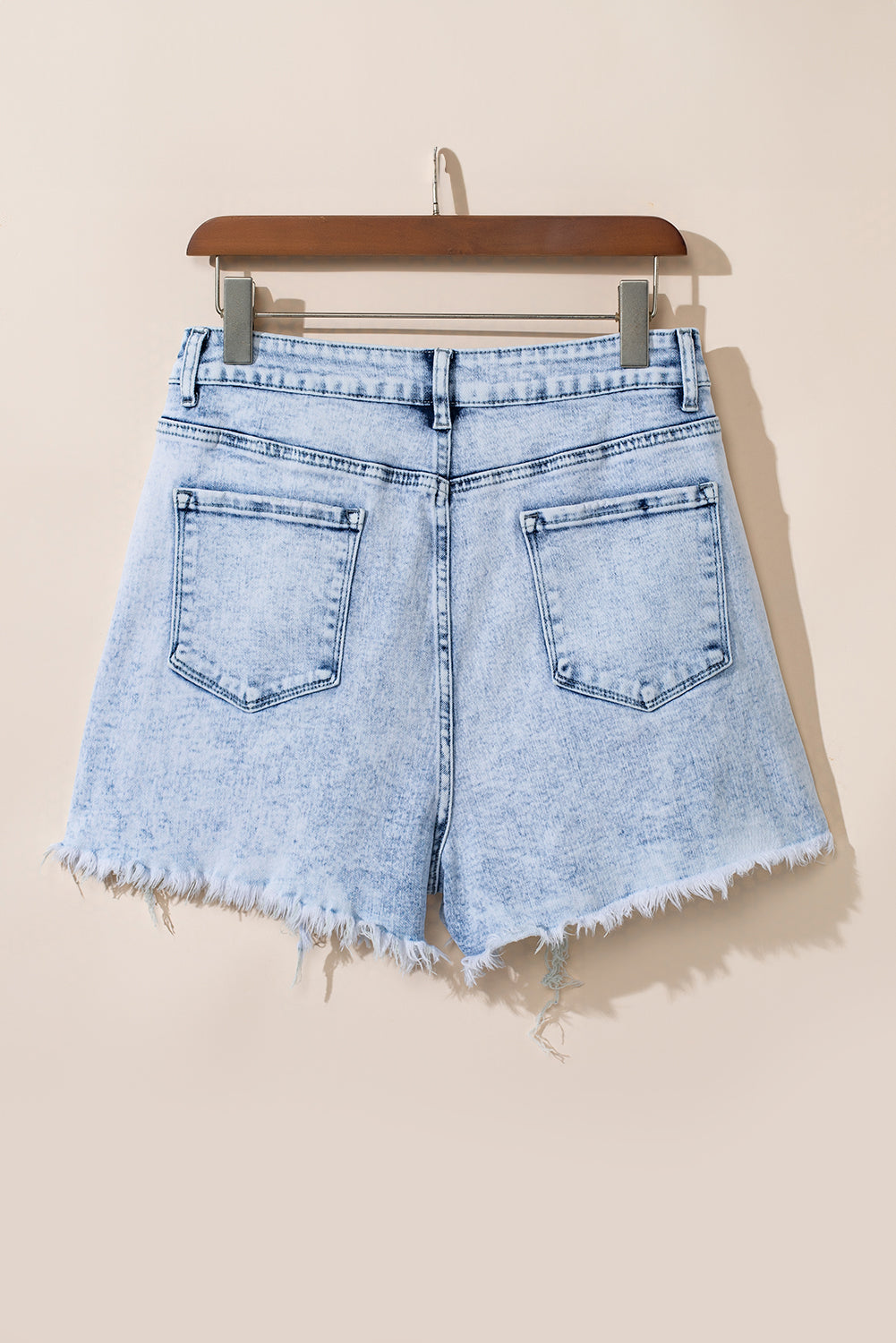 Light Blue Acid Wash Crossed Raw Edge Denim Shorts