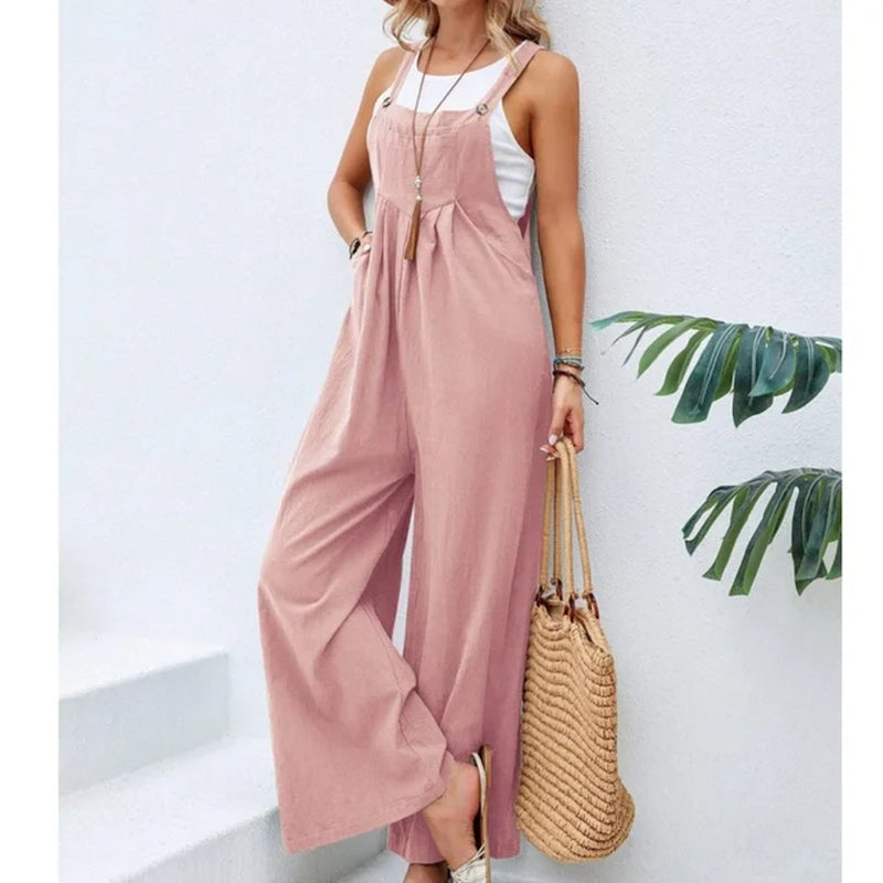 Summer Trendy New Pants Women Cotton Casual Jumpsuit Solid Multi-Color Wide Leg Straight Pants Office Lady'S All-Match Trousers