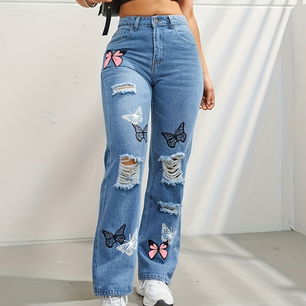 High Waisted Straight Leg Jeans For Women Butterfly Print Ripped Distressed Denim