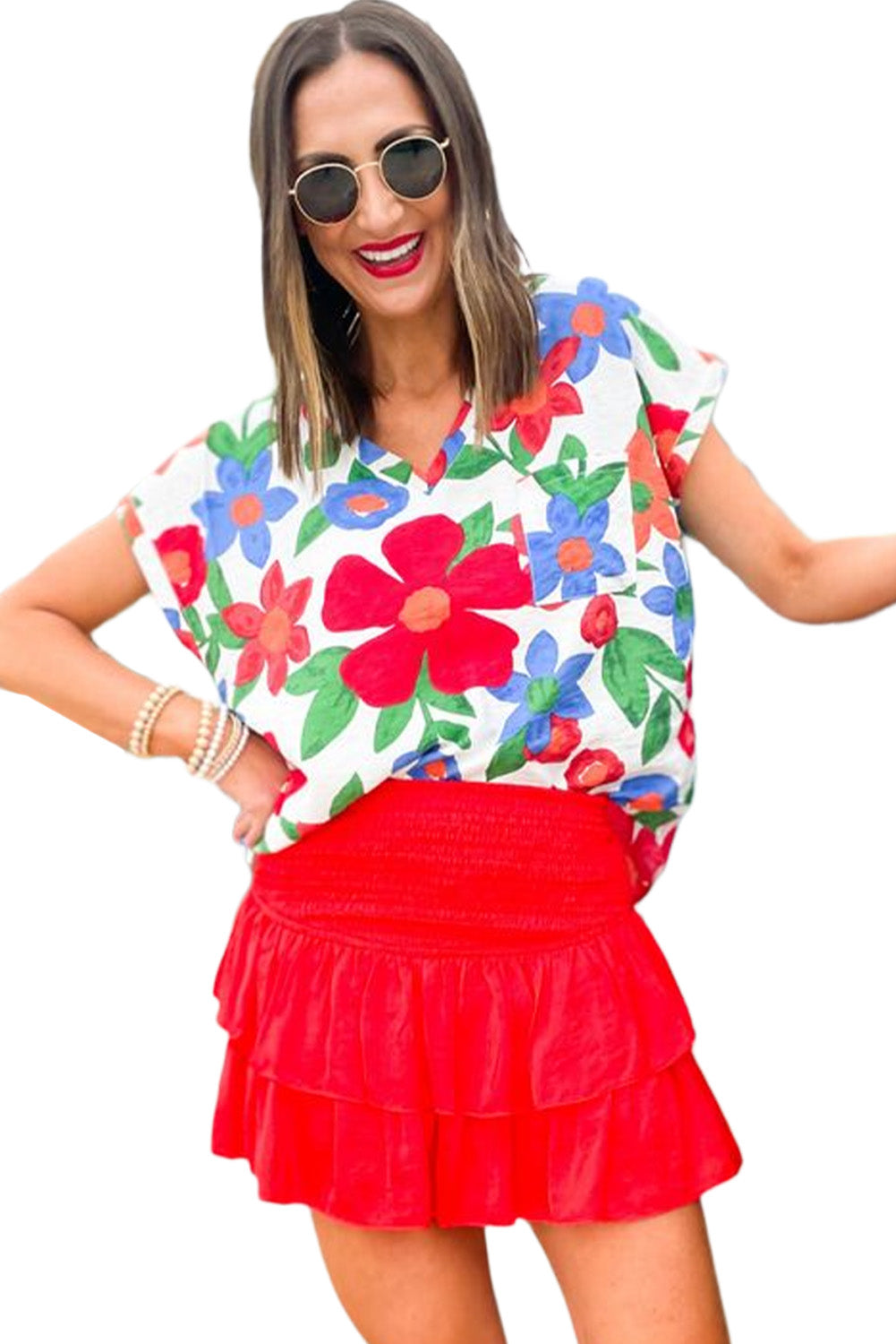 Flower Print Chest Pocket V Neck Blouse