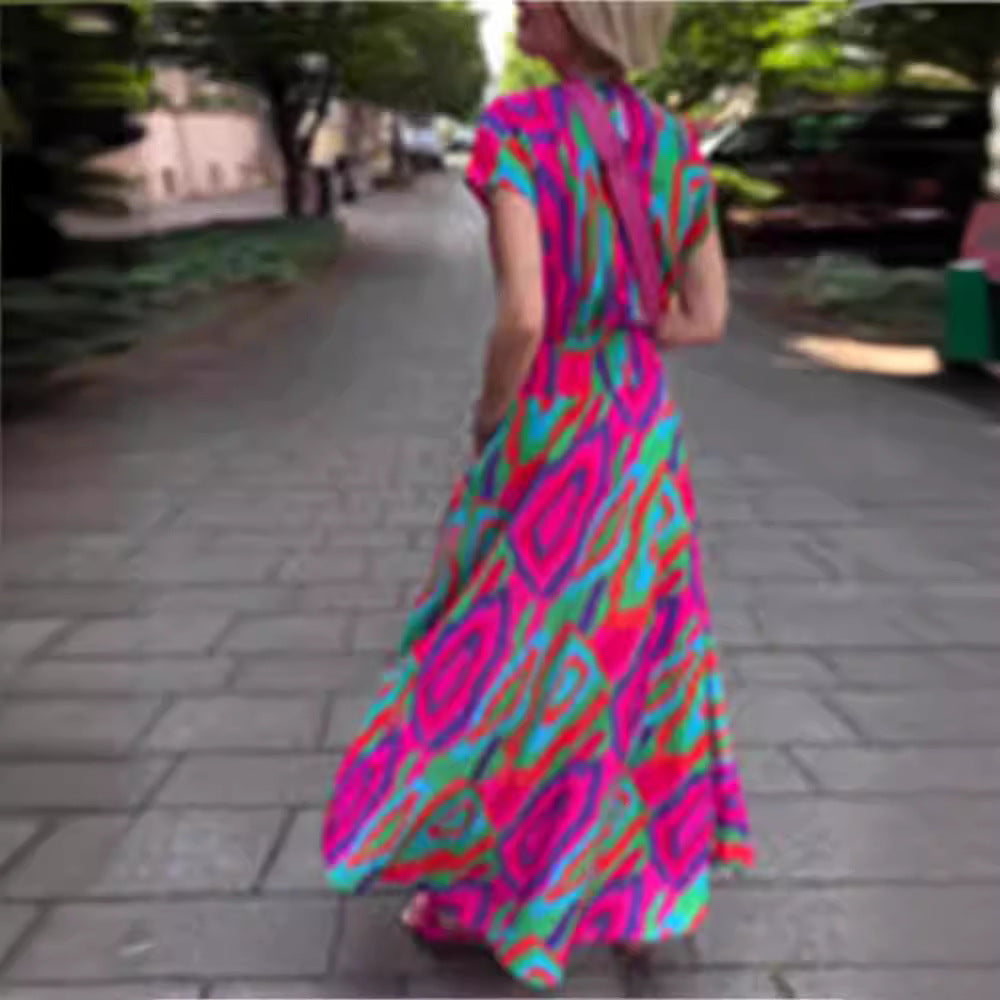 Spring And Summer Women's Digital Printed V-neck Leisure Dress