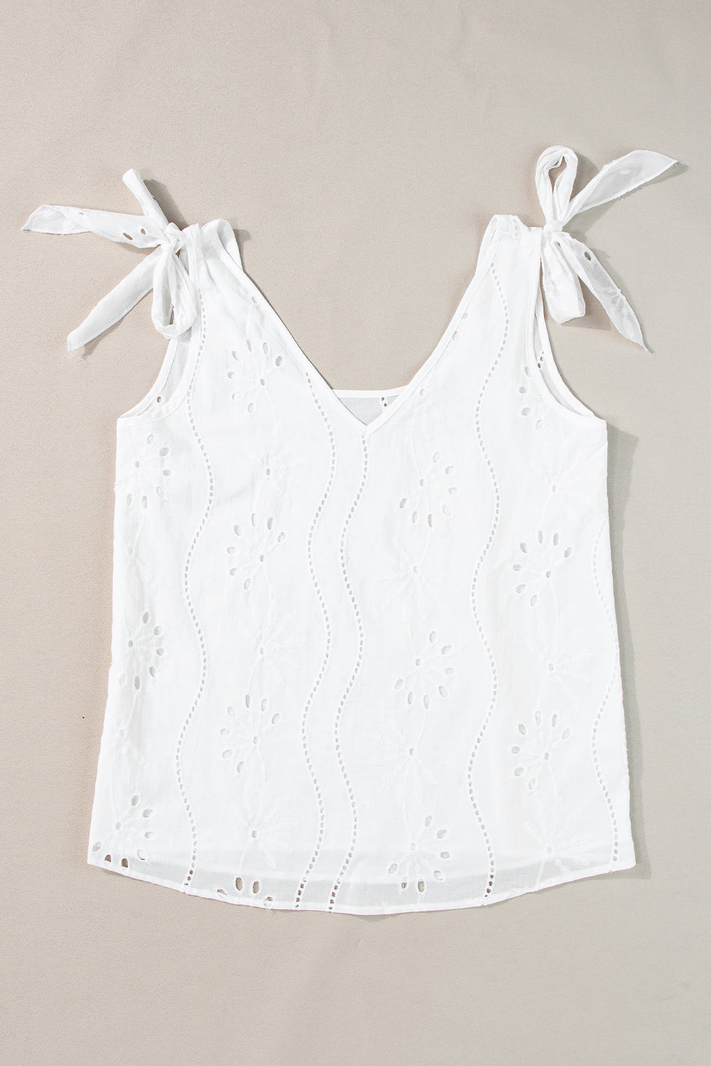 Women's Top White Embroidery Patterned Knotted Straps V Neck Tank Top