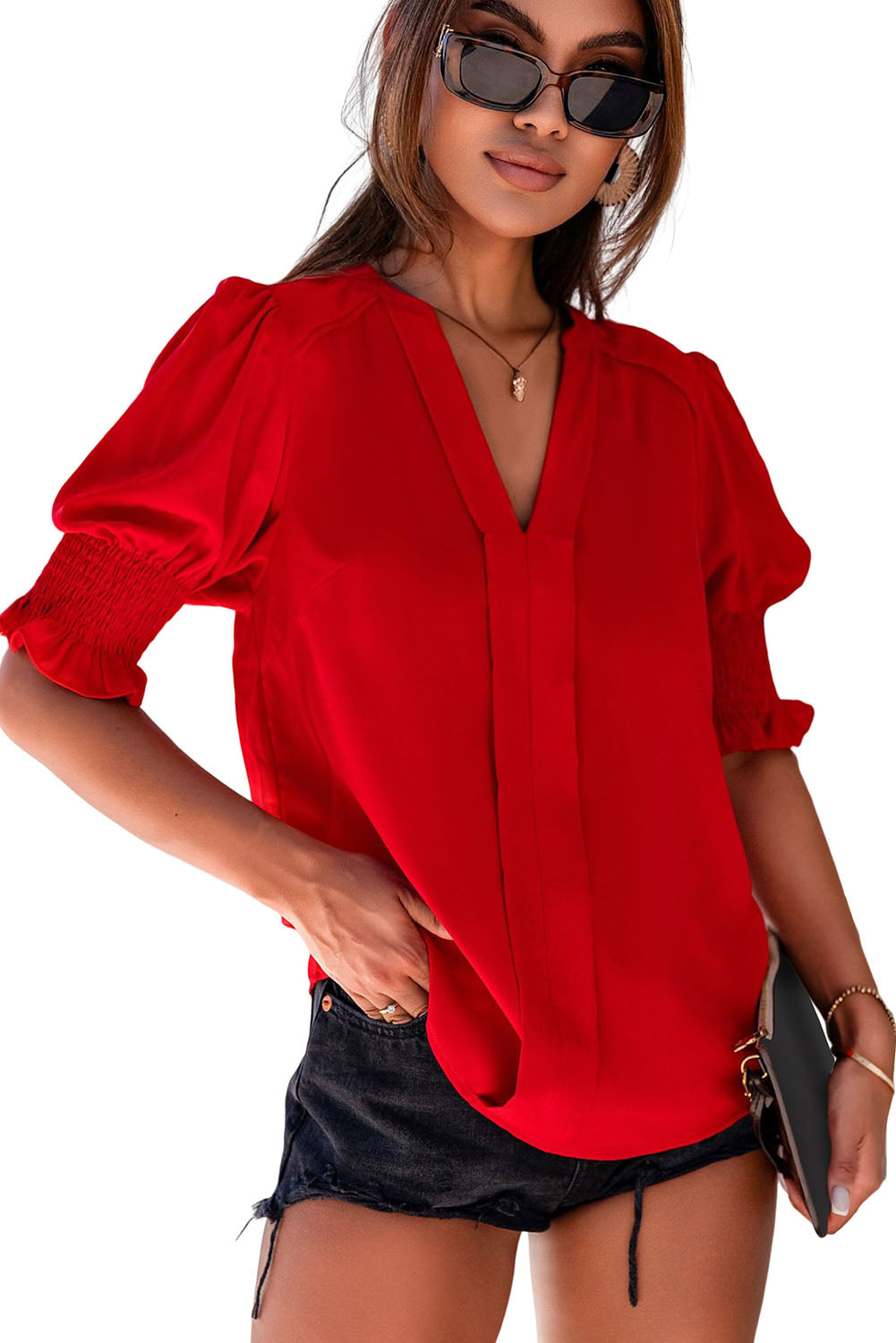 Fiery Red Solid Color Half Sleeve V Neck Blouse