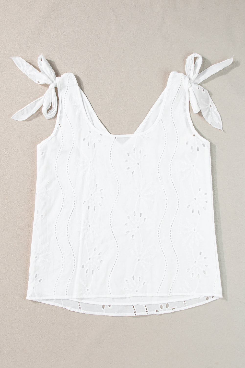 Women's Top White Embroidery Patterned Knotted Straps V Neck Tank Top