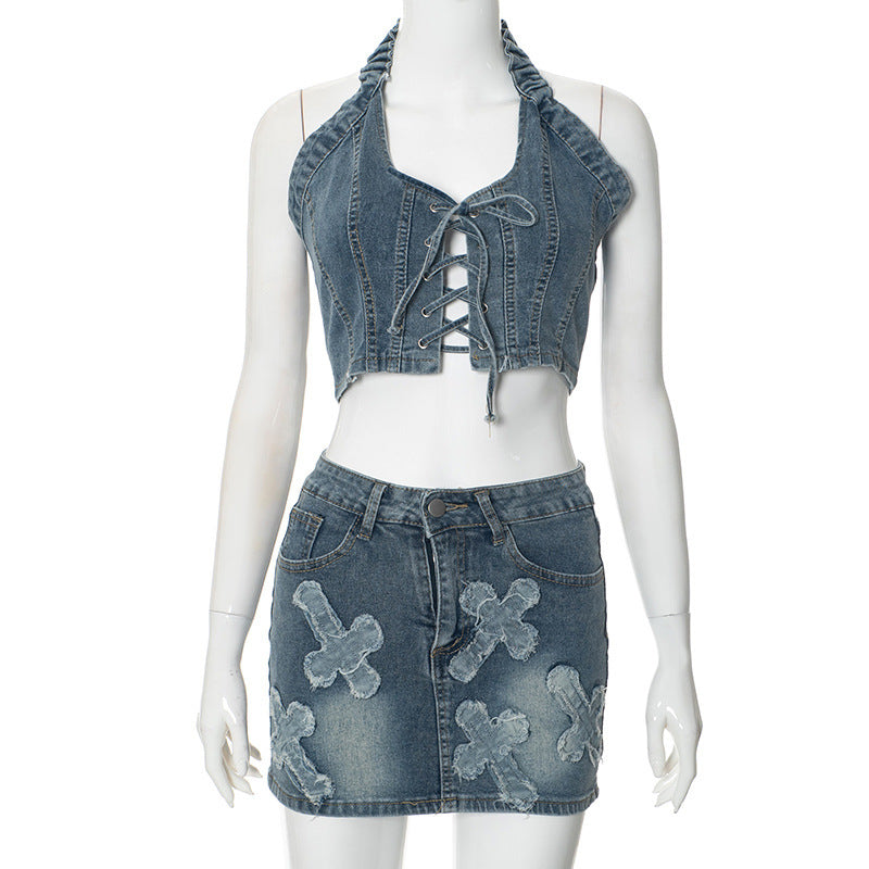 Women's Cross Wash Sleeveless Casual Skirt Denim Suit