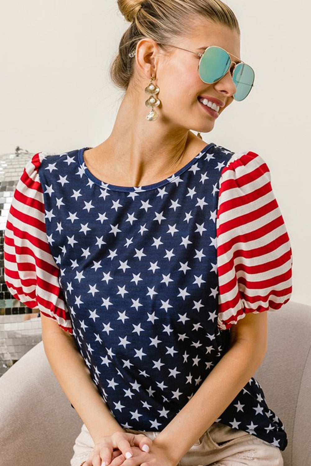 Navy Blue Stars Stripes Puff Sleeve T Shirt