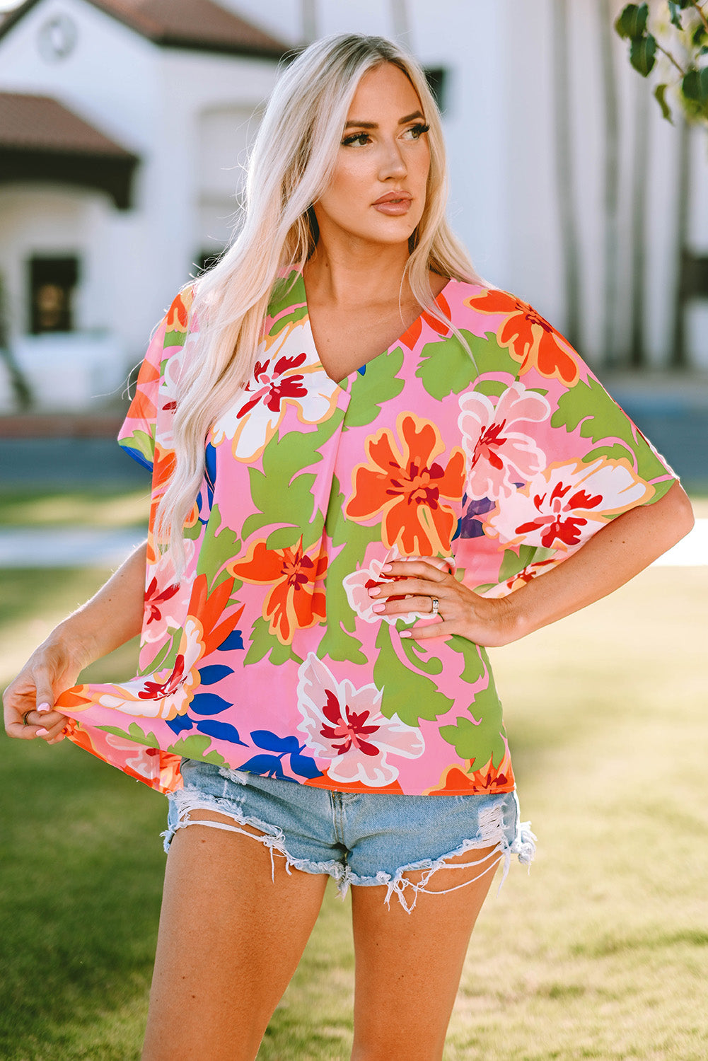 Pink Floral Print Loose Fit V Neck Tunic Blouse