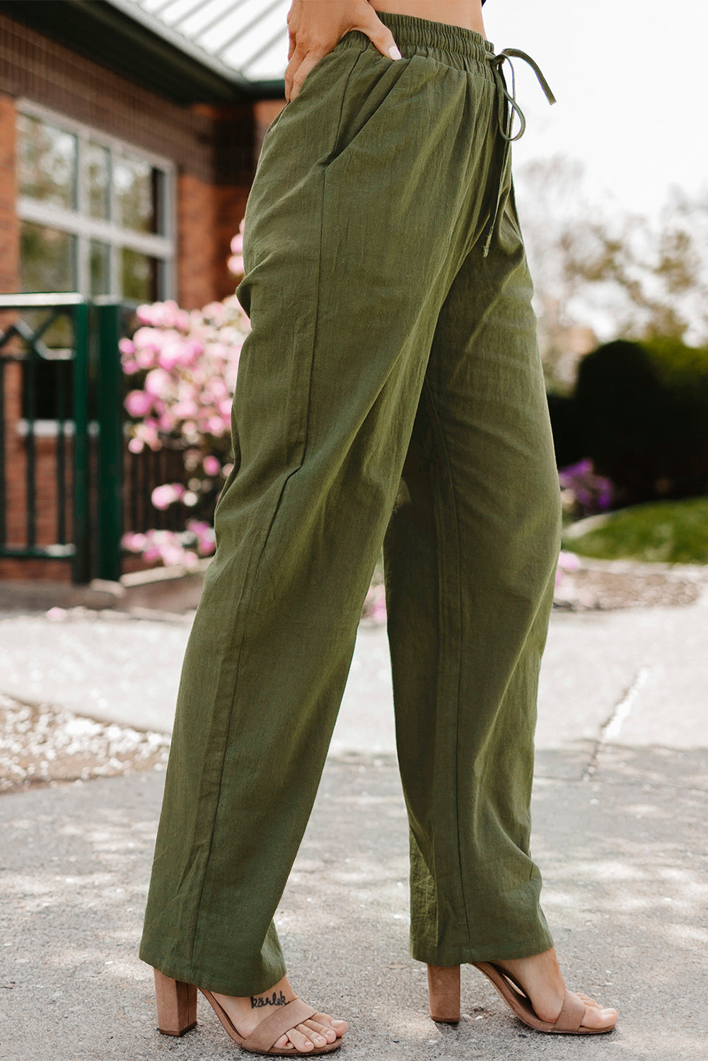 Green Drawstring Elastic Waist Pockets Long Straight Legs Pants