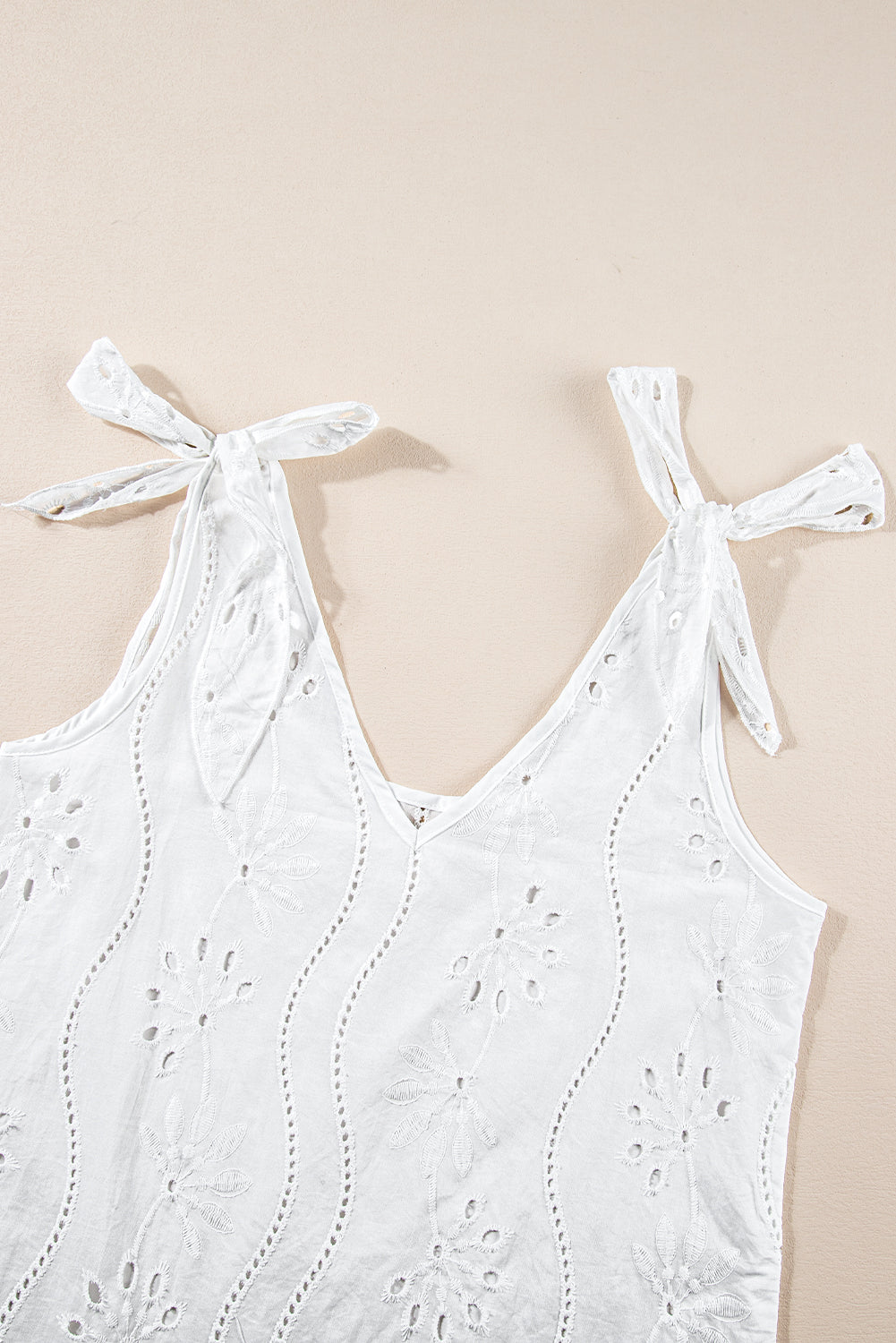 Women's Top White Embroidery Patterned Knotted Straps V Neck Tank Top