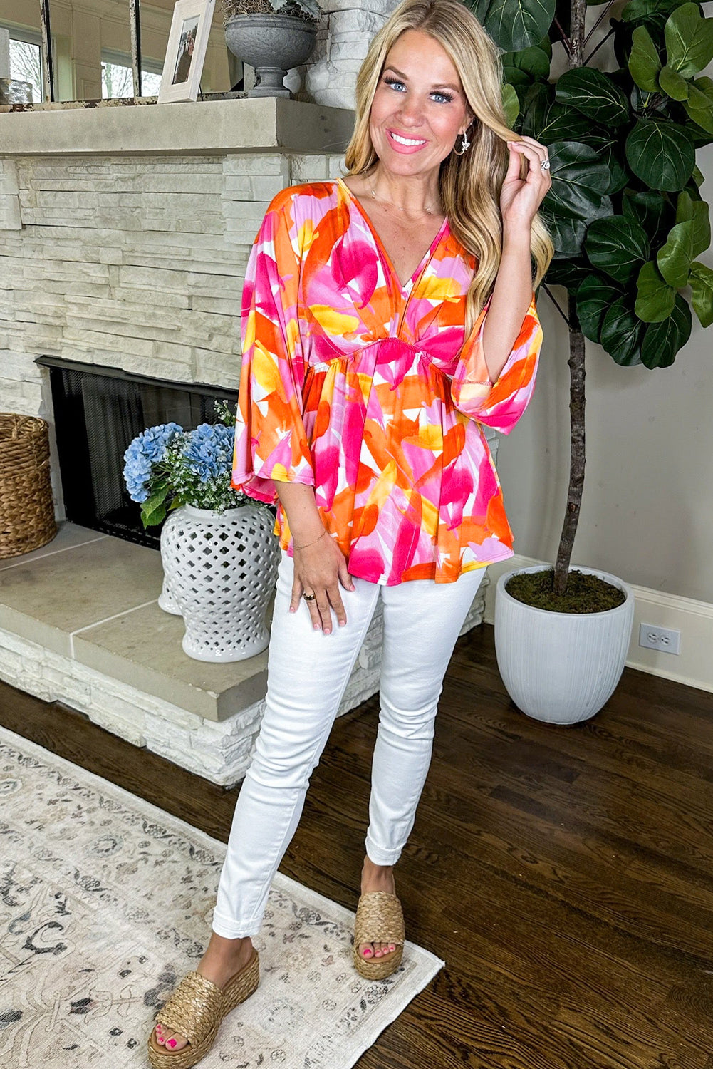 Orange Abstract Print 3/4 Sleeve V Neck Ruffled Babydoll Blouse