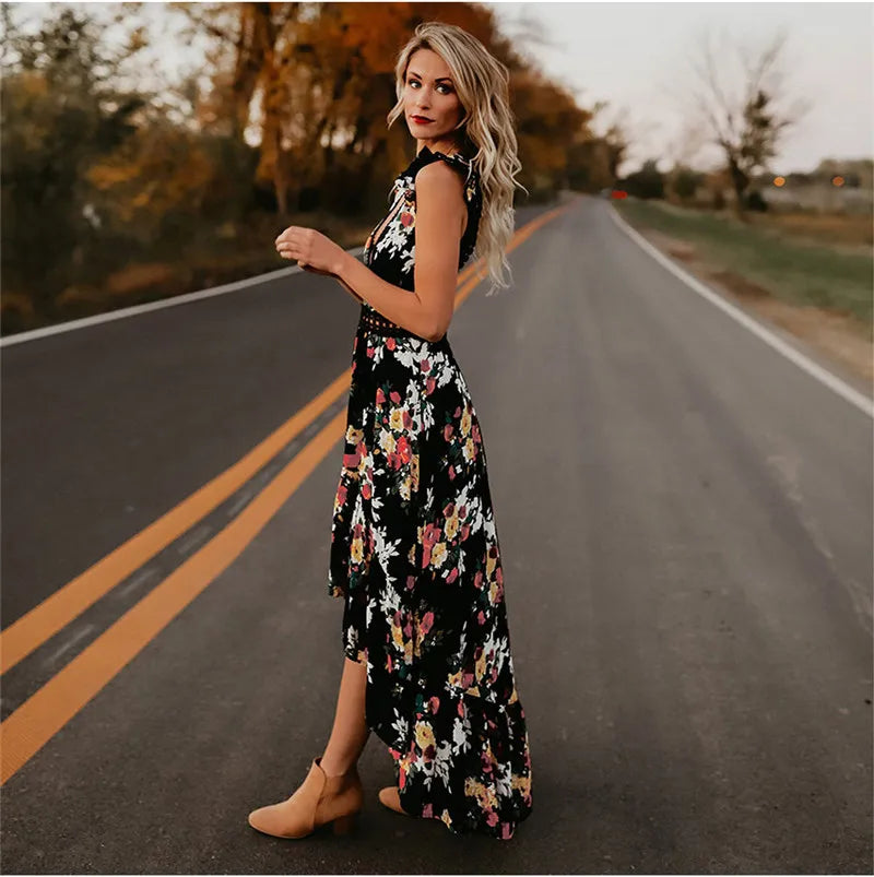 Backless Floral Printed Hollow Out Women Dress  Black White V Neck Laceback