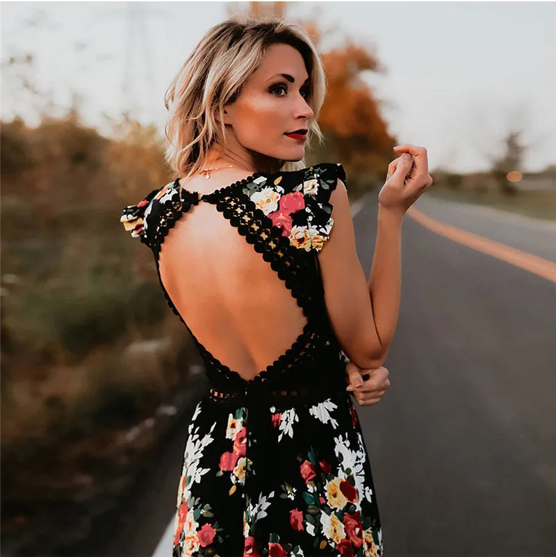 Backless Floral Printed Hollow Out Women Dress  Black White V Neck Laceback