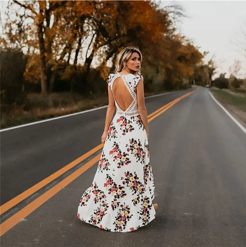 Backless Floral Printed Hollow Out Women Dress  Black White V Neck Laceback