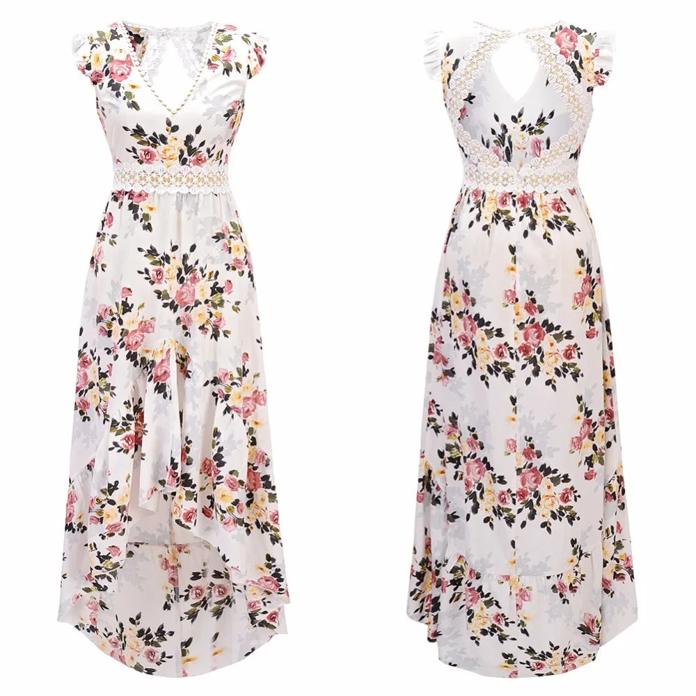 Backless Floral Printed Hollow Out Women Dress  Black White V Neck Laceback