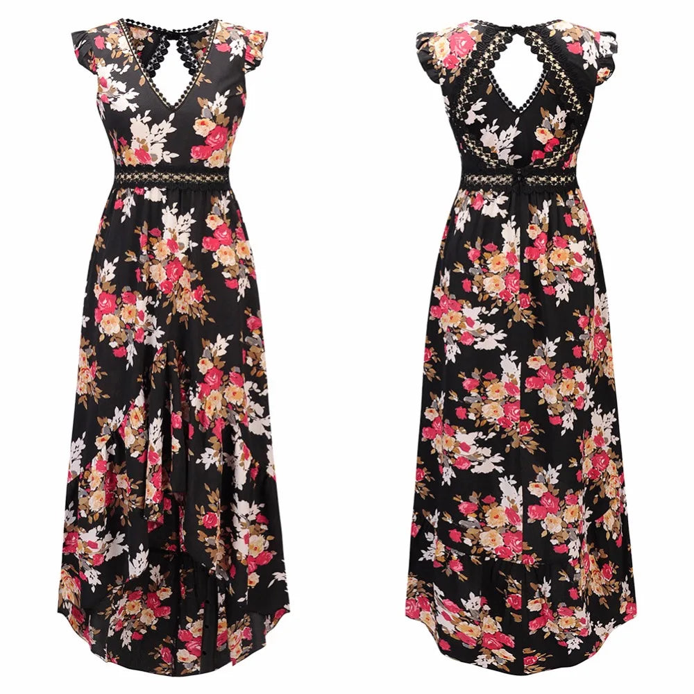 Backless Floral Printed Hollow Out Women Dress  Black White V Neck Laceback