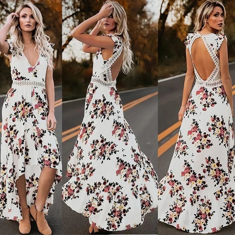 Backless Floral Printed Hollow Out Women Dress  Black White V Neck Laceback