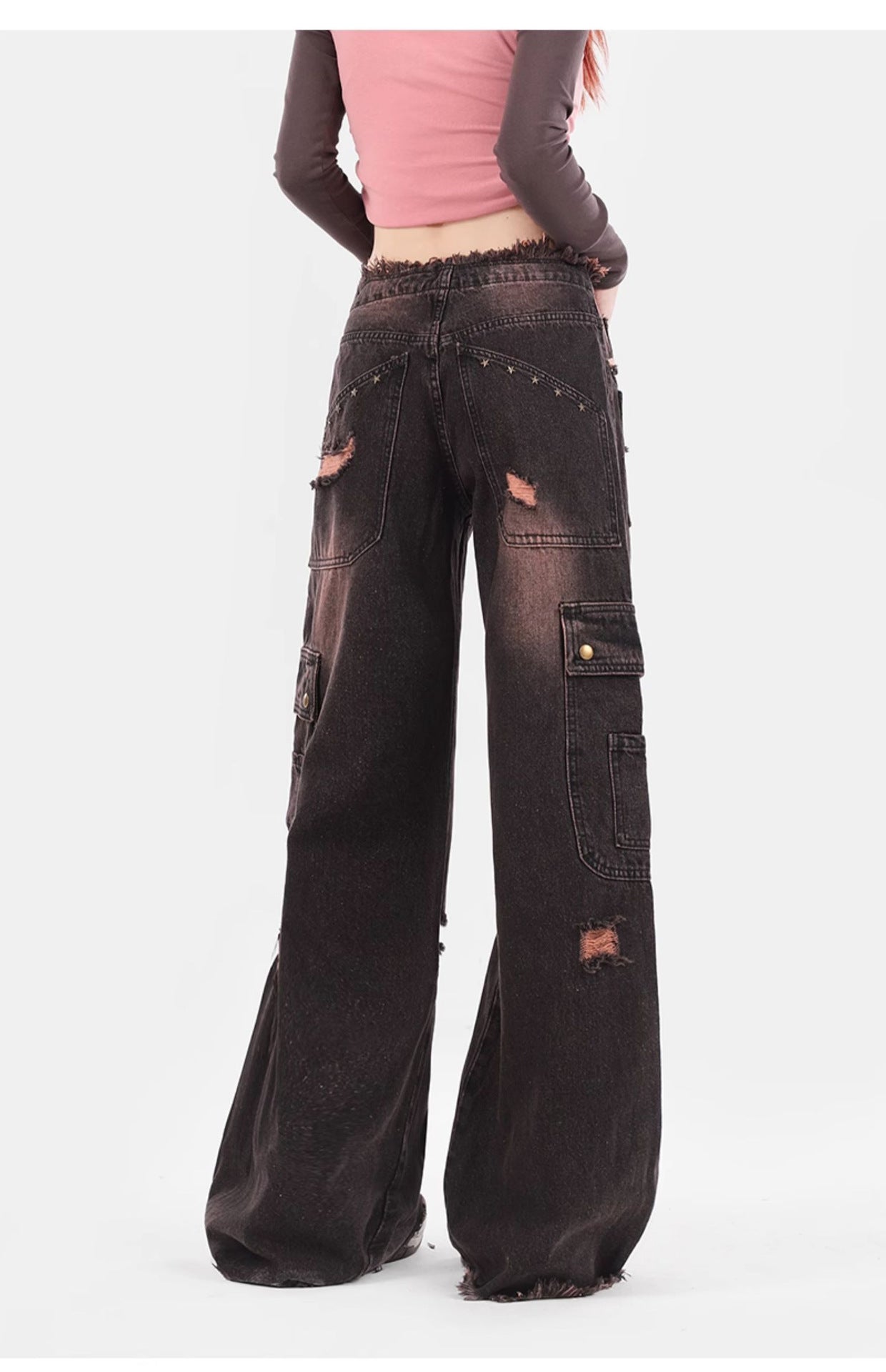 Plus Size Retro Washed Burr Damage Cargo Jeans Men Women's