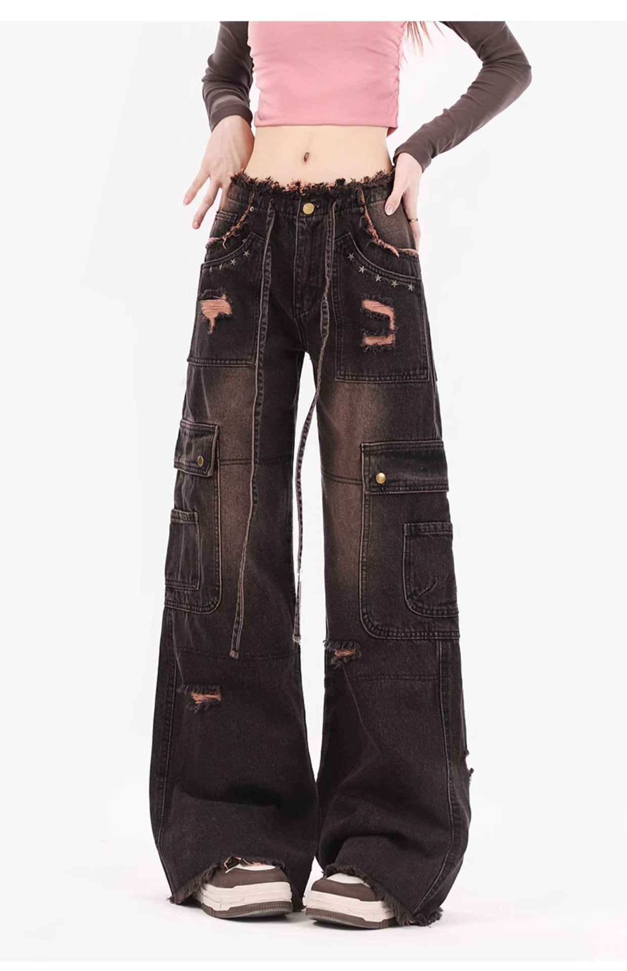 Plus Size Retro Washed Burr Damage Cargo Jeans Men Women's