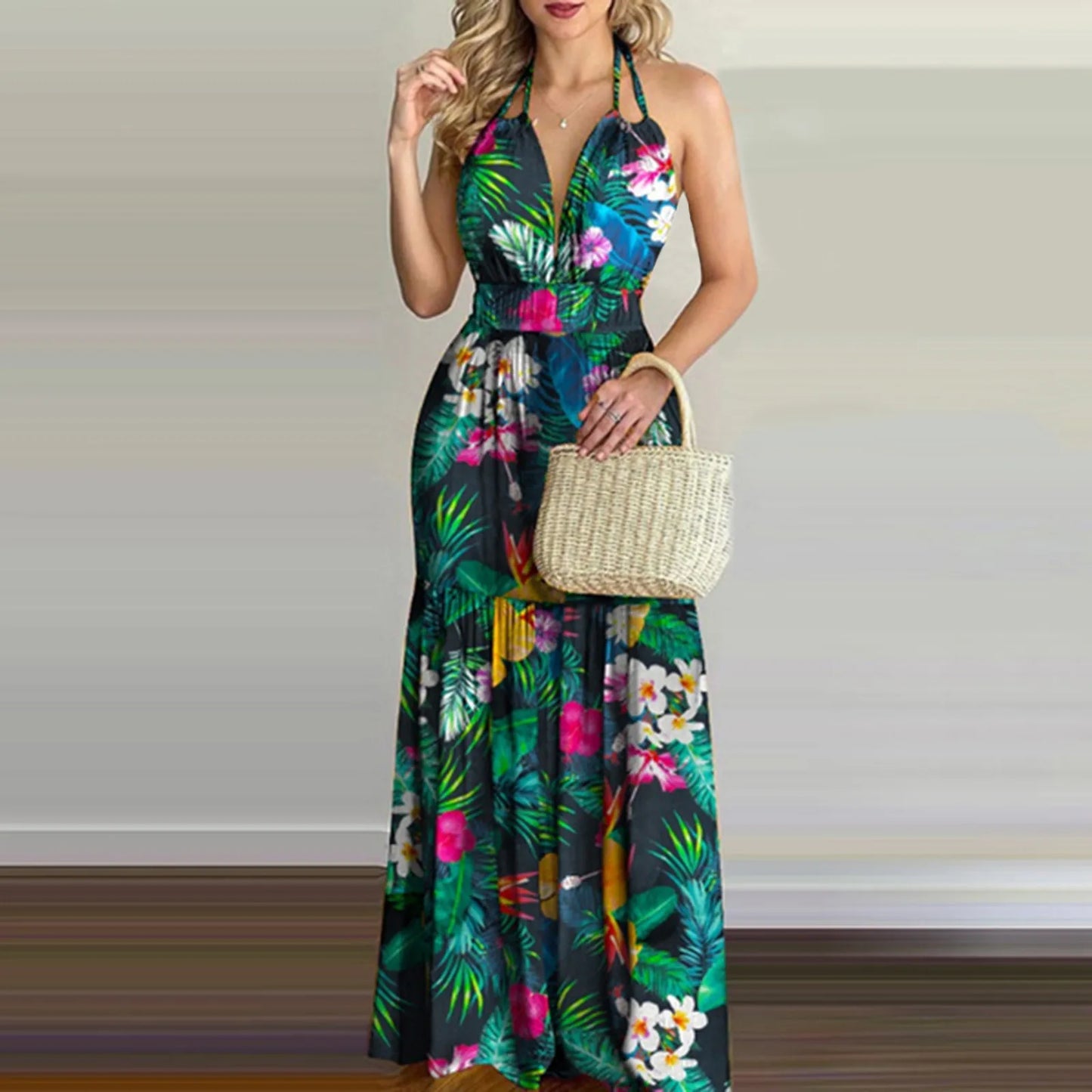 Summer Long Dress Bohemia Floral Casual Sexy Backless Halter Strapless for Women