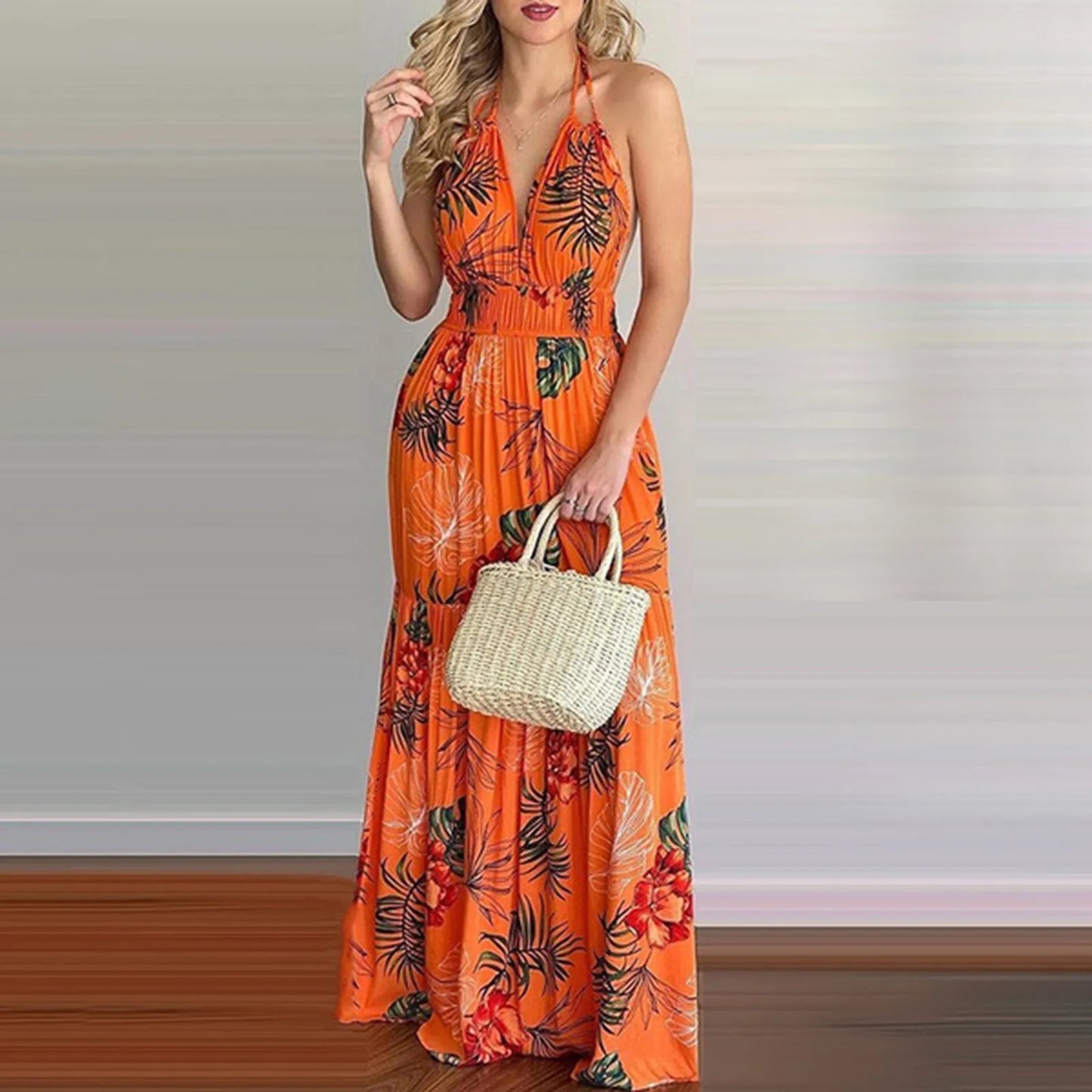 Summer Long Dress Bohemia Floral Casual Sexy Backless Halter Strapless for Women