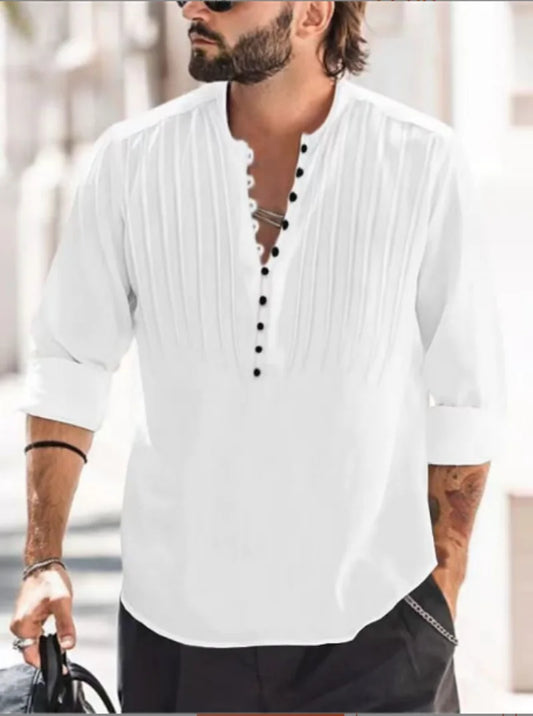 Men's Bandage Round Collar Shirt Cotton Long-Sleeved