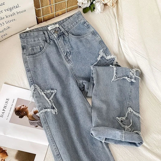 Woman Fashion Denim Pants Straight Leg Jeans High Waist