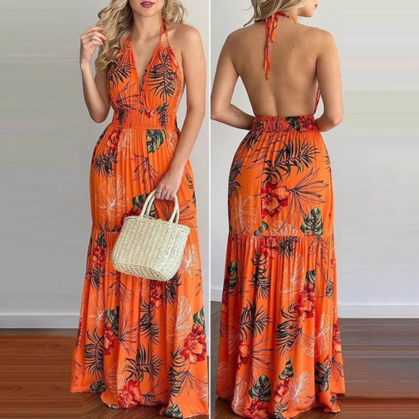 Summer Long Dress Bohemia Floral Casual Sexy Backless Halter Strapless for Women