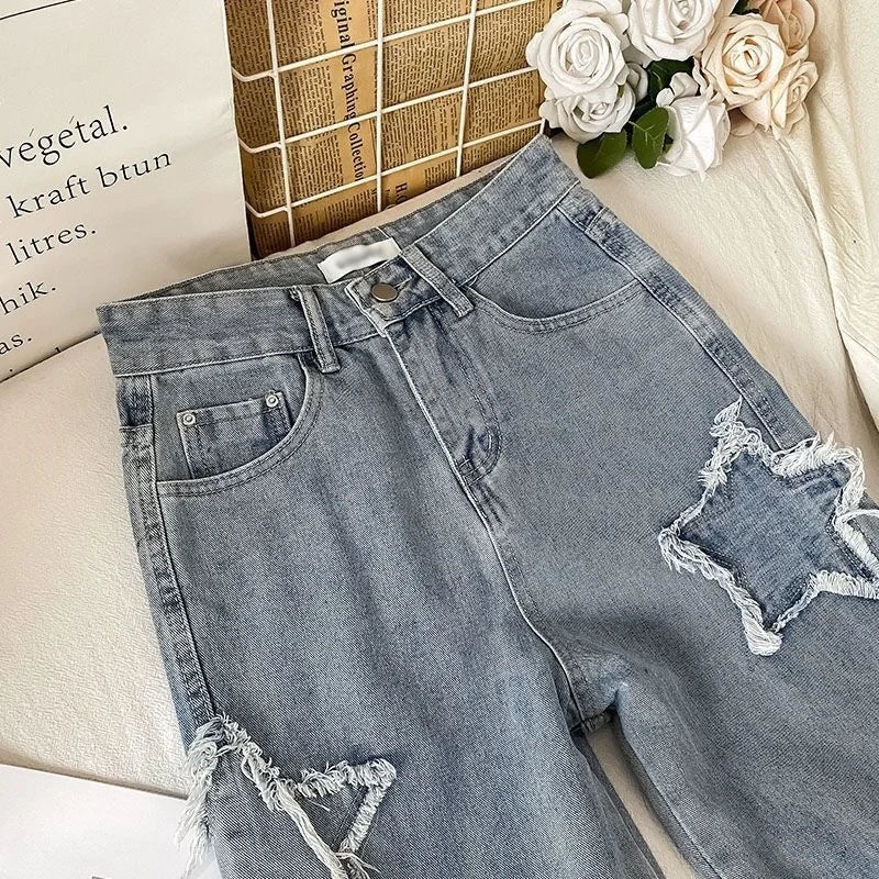 Woman Fashion Denim Pants Straight Leg Jeans High Waist